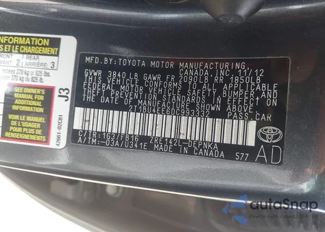 2013 Toyota Corolla Le из США, поврежденный, VIN 2T1BU4EE6DC993332